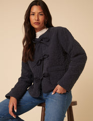 Navy Tie-Front Quilted Jacket