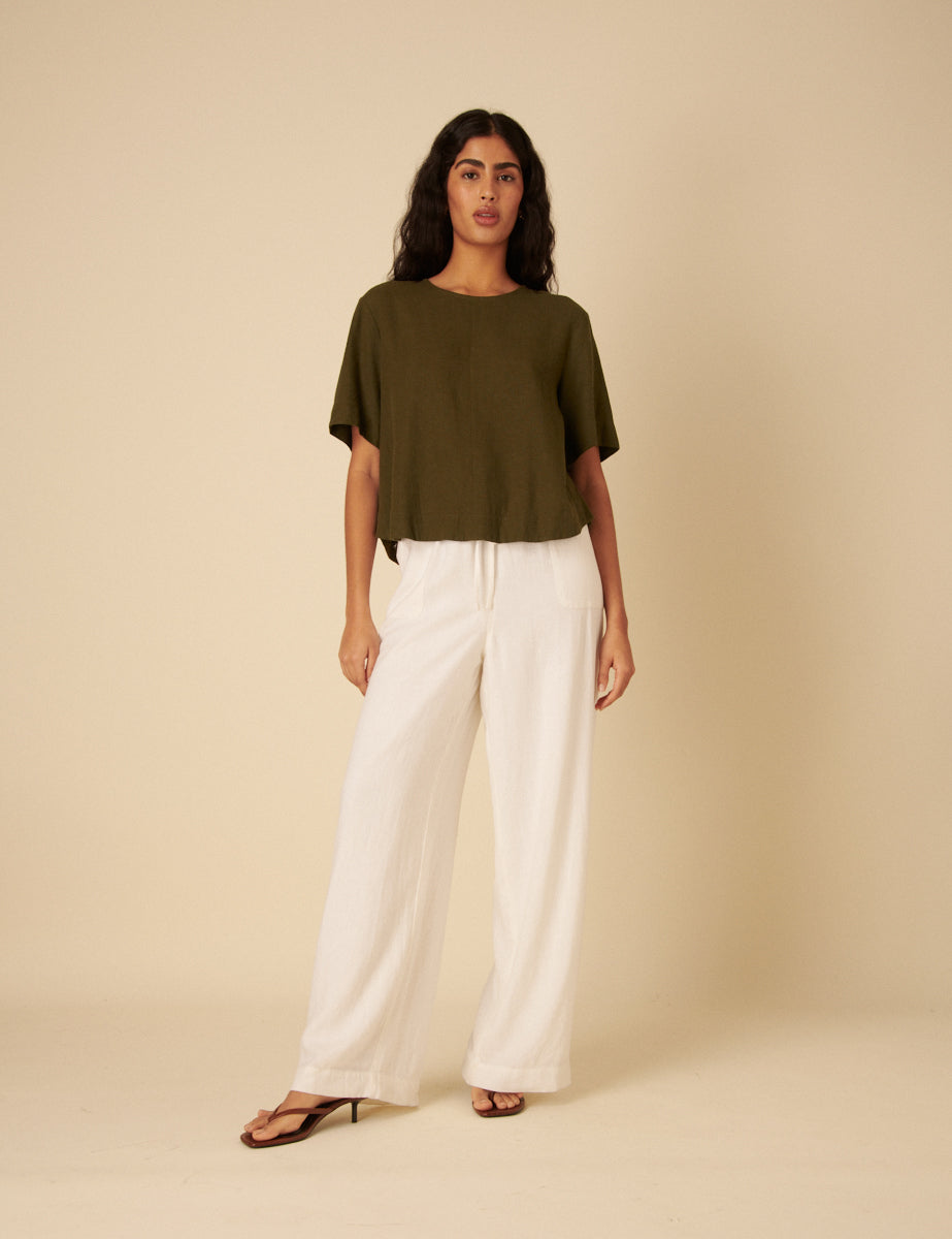 Green Linen-Blend Short Sleeve Top