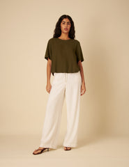 Green Linen-Blend Short Sleeve Top