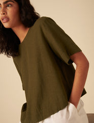 Green Linen-Blend Short Sleeve Top