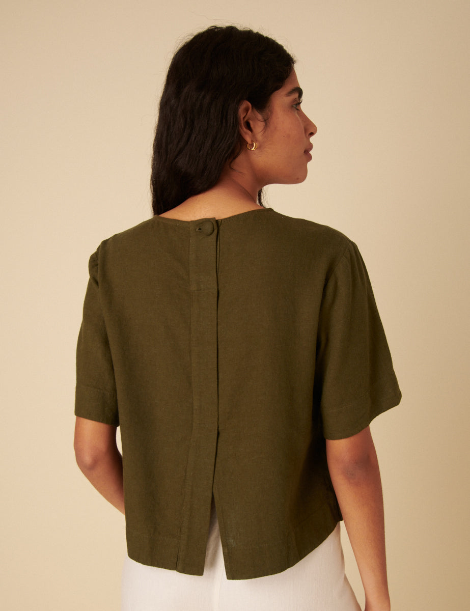 Green Linen-Blend Short Sleeve Top