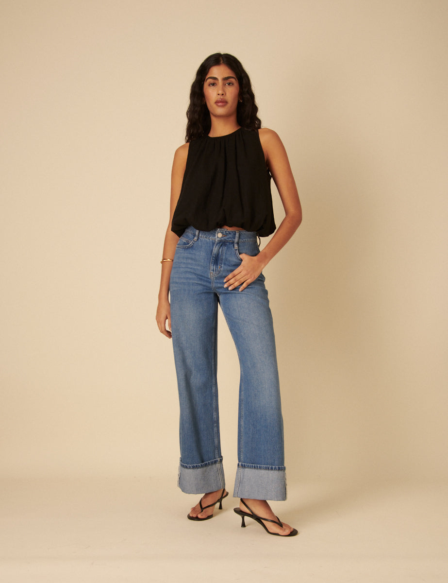 Black Linen-Blend Sleeveless Bubble Hem Pleated Top