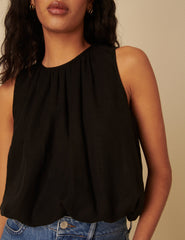 Black Linen-Blend Sleeveless Bubble Hem Pleated Top