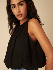 Black Linen-Blend Sleeveless Bubble Hem Pleated Top