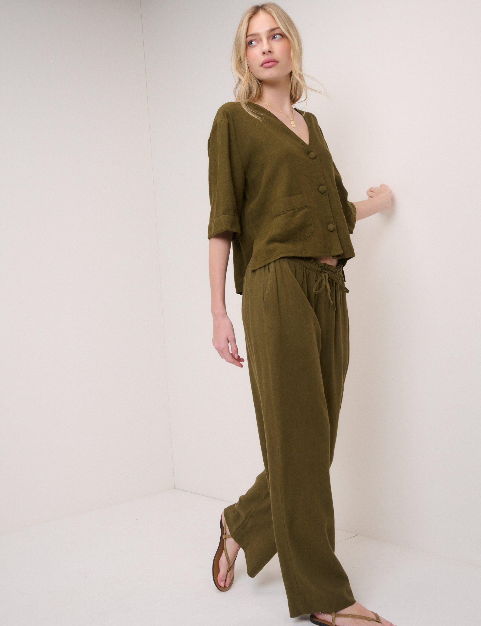 Green Linen-Blend Short Sleeve Shirt
