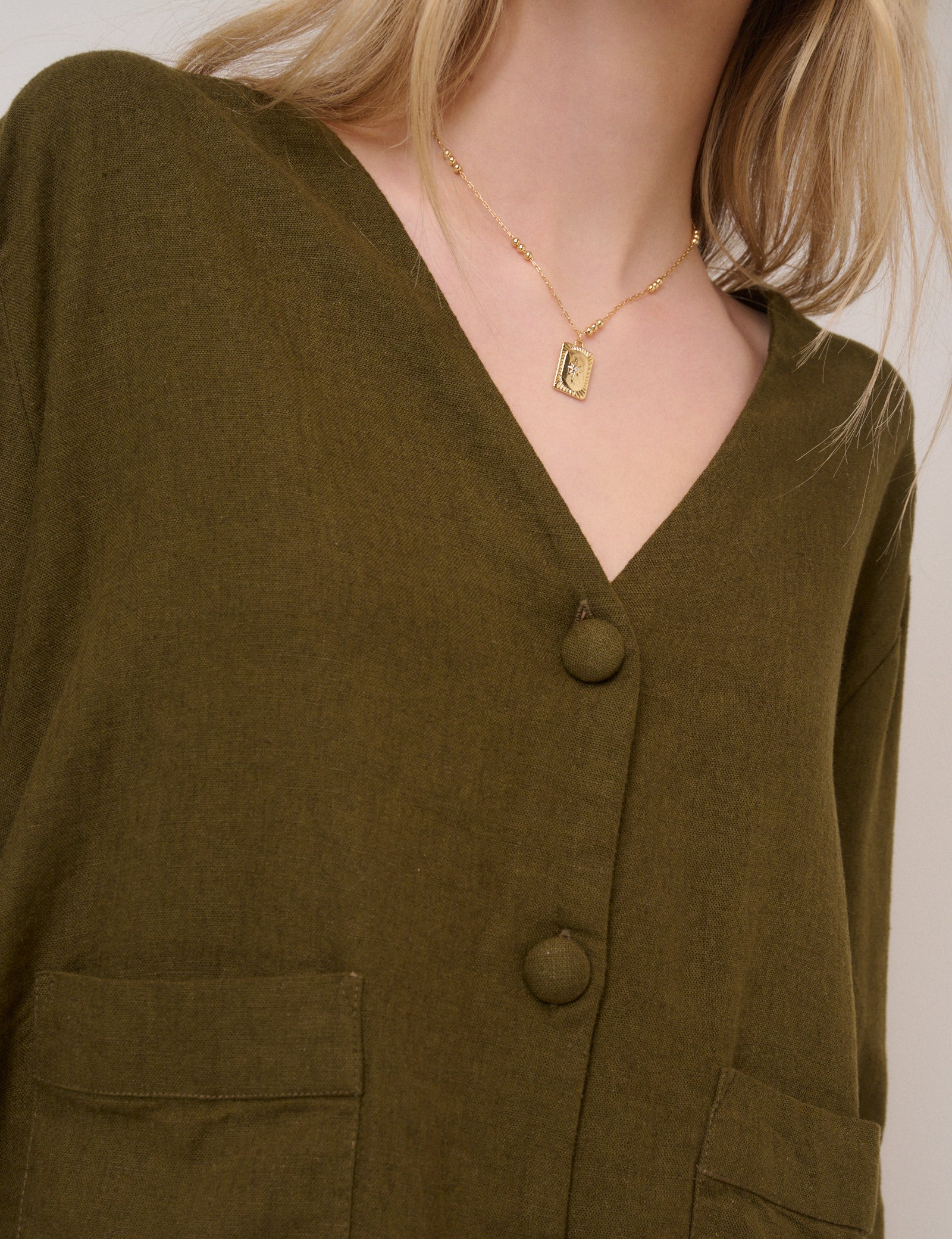 Green Linen-Blend Short Sleeve Shirt