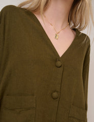 Green Linen-Blend Short Sleeve Shirt