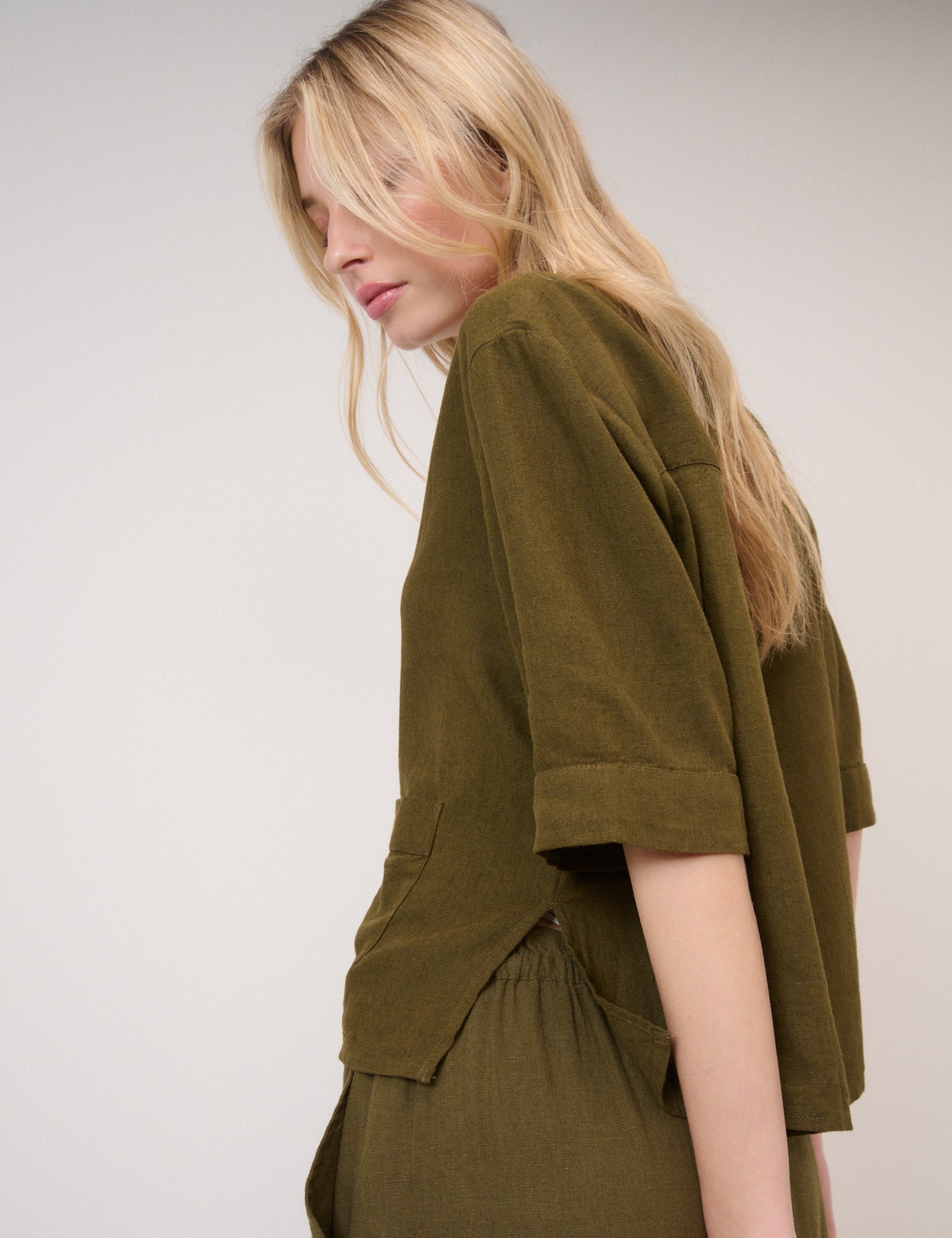 Green Linen-Blend Short Sleeve Shirt
