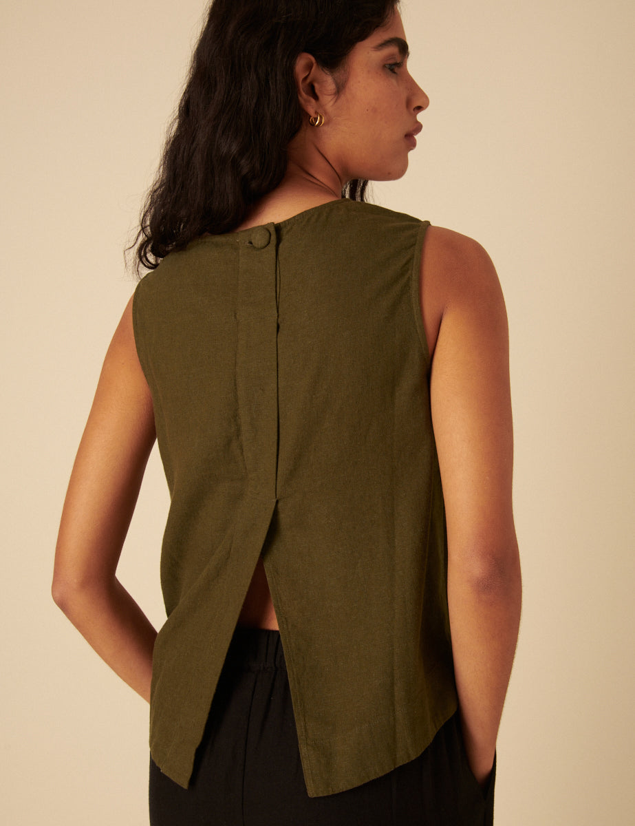 Green Linen-Blend Swing Top