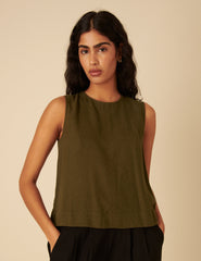 Green Linen-Blend Swing Top
