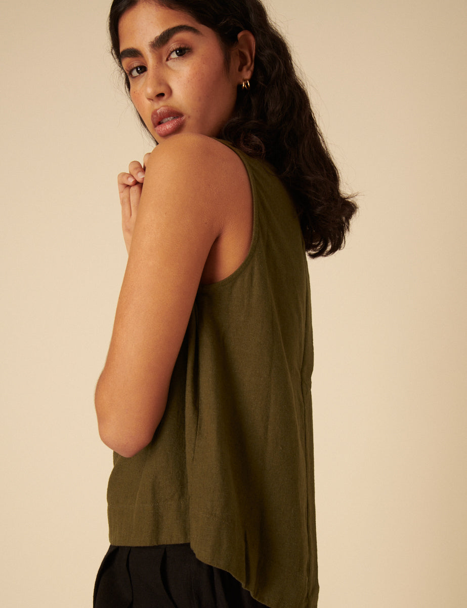Green Linen-Blend Swing Top