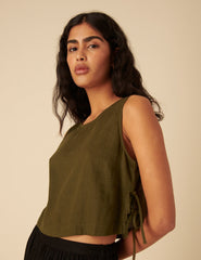 Khaki Green Linen-Blend Side Tie Sleeveless Top