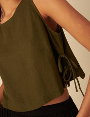 Khaki Green Linen-Blend Side Tie Sleeveless Top