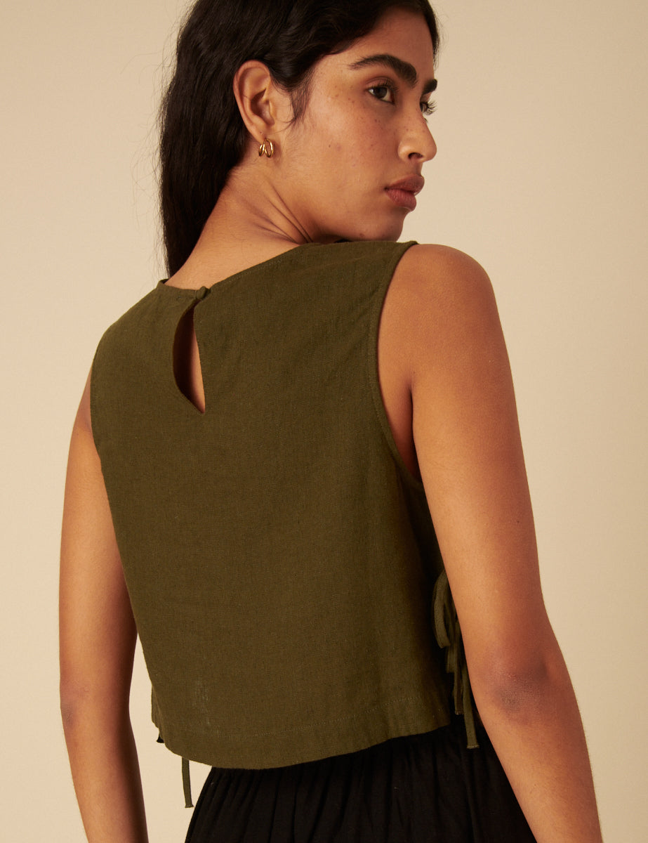Khaki Green Linen-Blend Side Tie Sleeveless Top