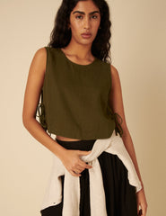 Khaki Green Linen-Blend Side Tie Sleeveless Top