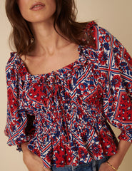 Red And Blue Linen-Blend Tile Print Blouse