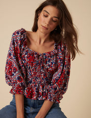 Red And Blue Linen-Blend Tile Print Blouse