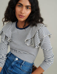 Blue And White Striped Frill Shoulder Top