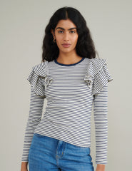 Blue And White Striped Frill Shoulder Top