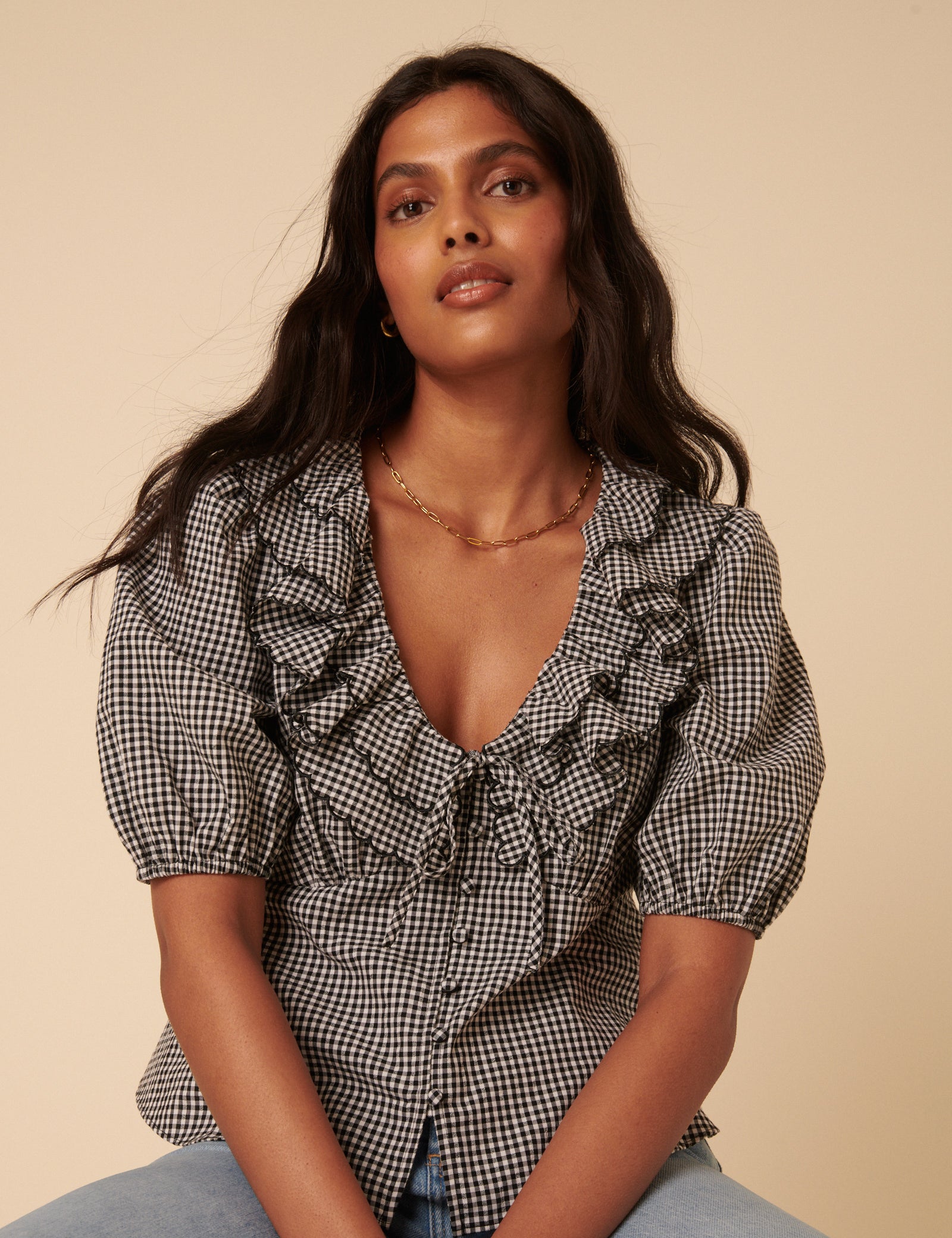 Black Gingham Frill Top