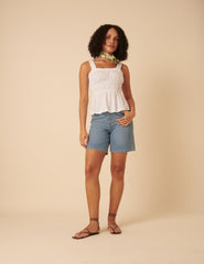 White Floral Embroidered Ruched Bodice Top