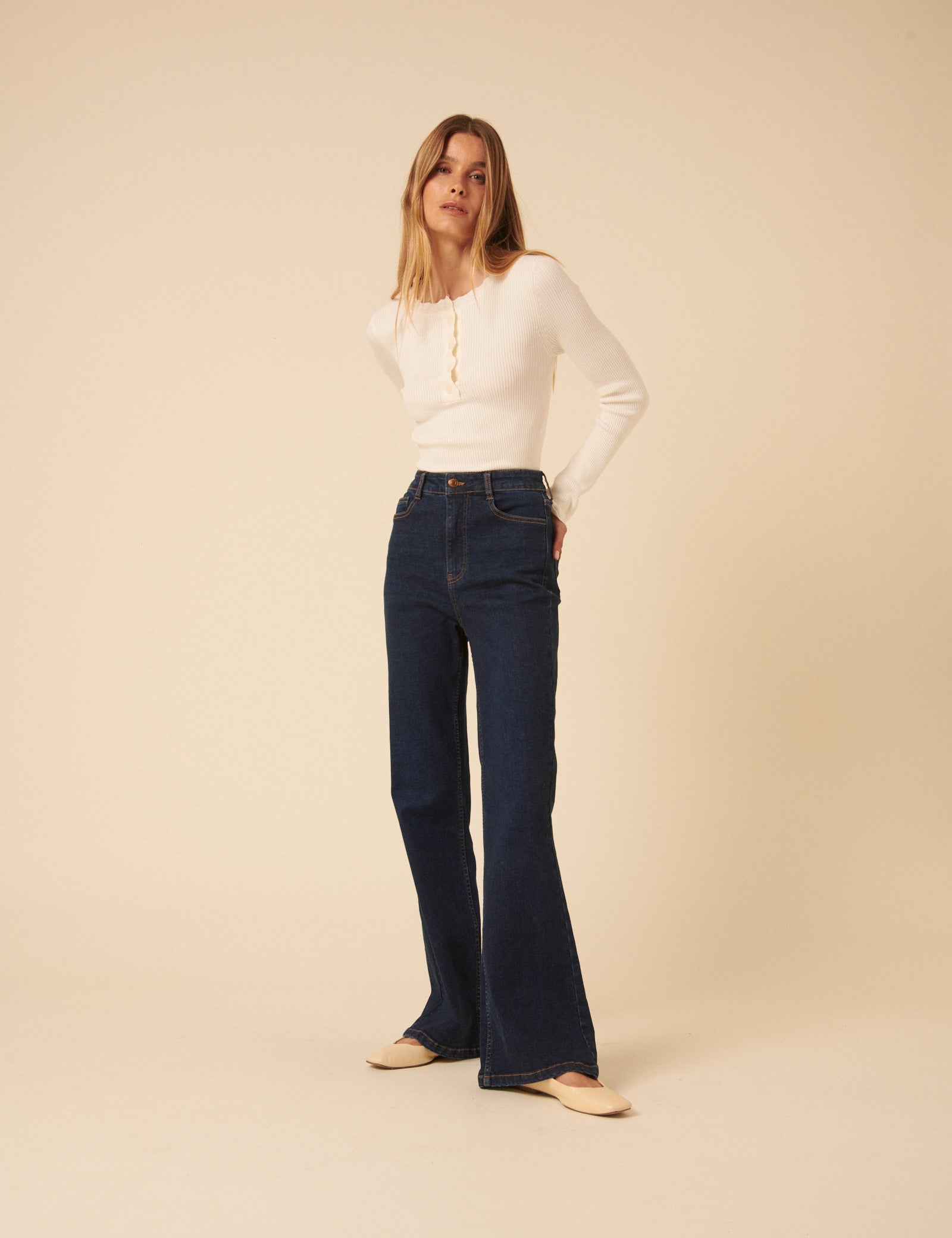 White Ribbed Knitted Long Sleeve Top