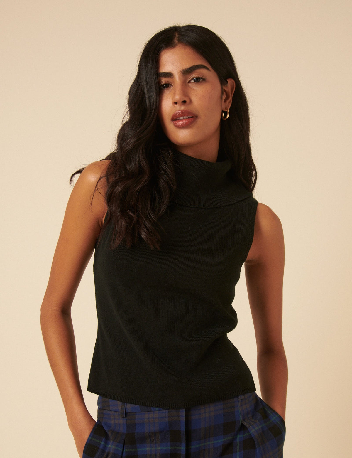 Black Ribbed Knitted Roll Neck Vest Top