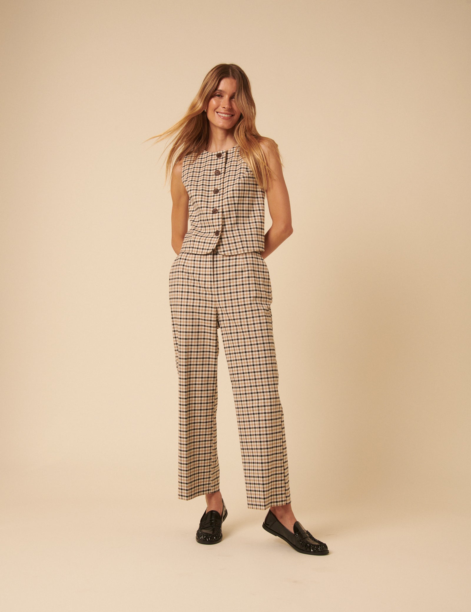 Beige Gingham Check Waistcoat