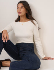 White Ribbed Flute Sleeve Top