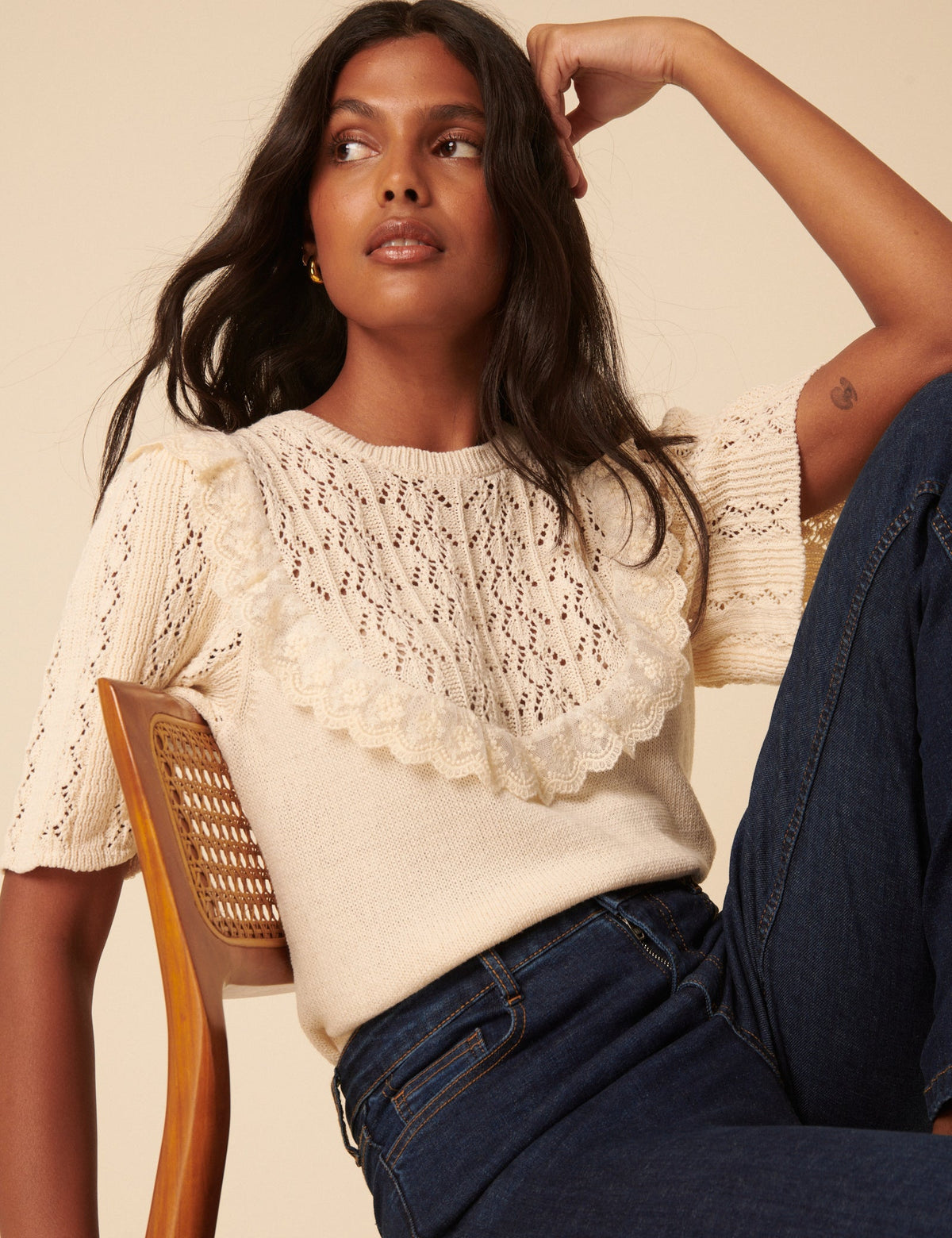 Cream Pointelle Knitted Top