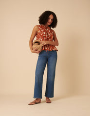 Brown Printed Linen-Blend Pleated Top