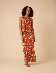 Brown Printed Linen-Blend Pleated Top