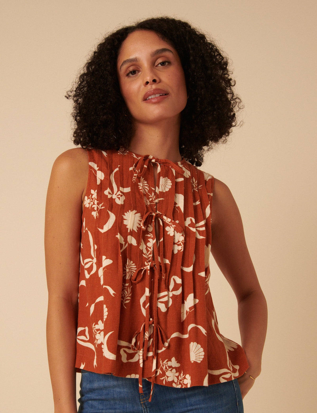 Brown Printed Linen-Blend Pleated Top