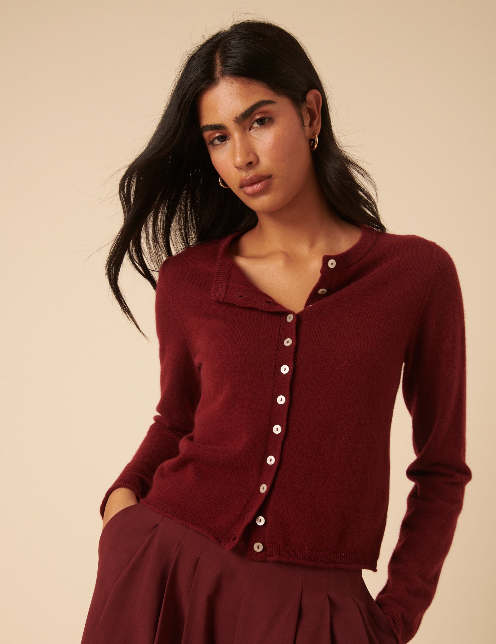 Burgundy Cashmere Crew Neck Cardigan