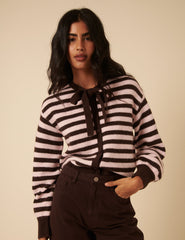 Brown And Pink Striped Tie Neck Cardigan