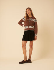 Brown And White Fair Isle Collared Cardigan