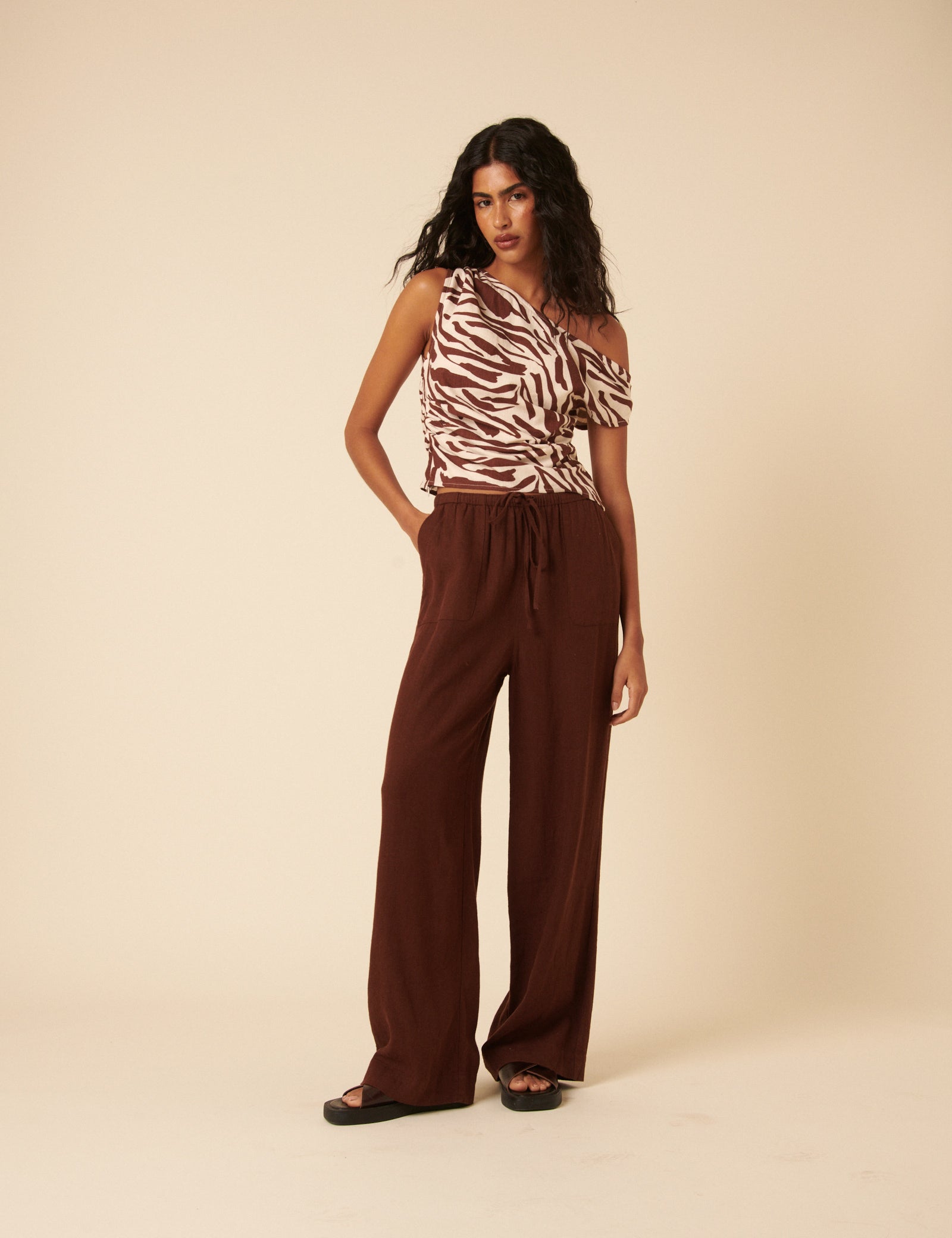 Brown Zebra Print One Shoulder Top