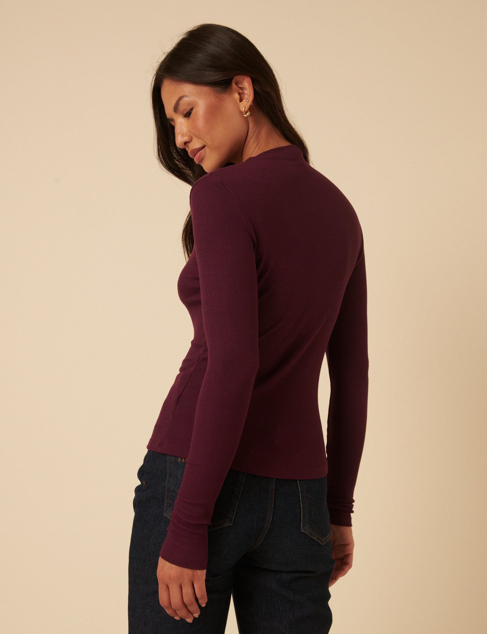 Burgundy Ribbed High Neck Long Sleeve Top