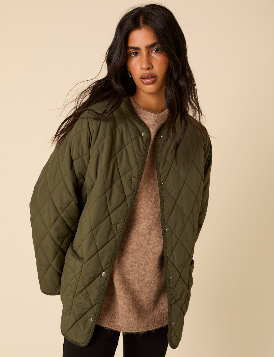 Khaki Quilted Detachable Scarf Coat