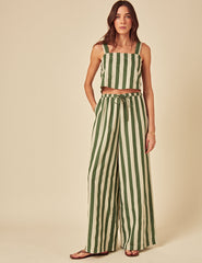 Green Linen-Blend Striped Trousers