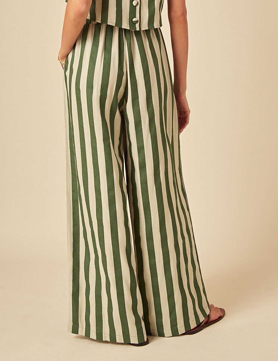 Green Linen-Blend Striped Trousers