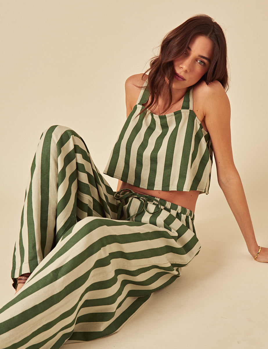 Green Linen-Blend Striped Trousers