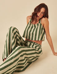 Green Linen-Blend Striped Trousers