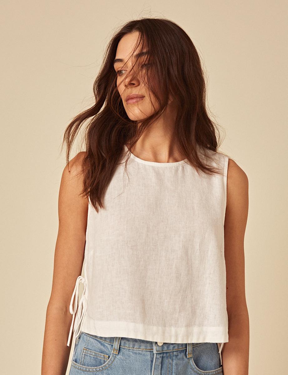 White Linen-Blend Swing Top