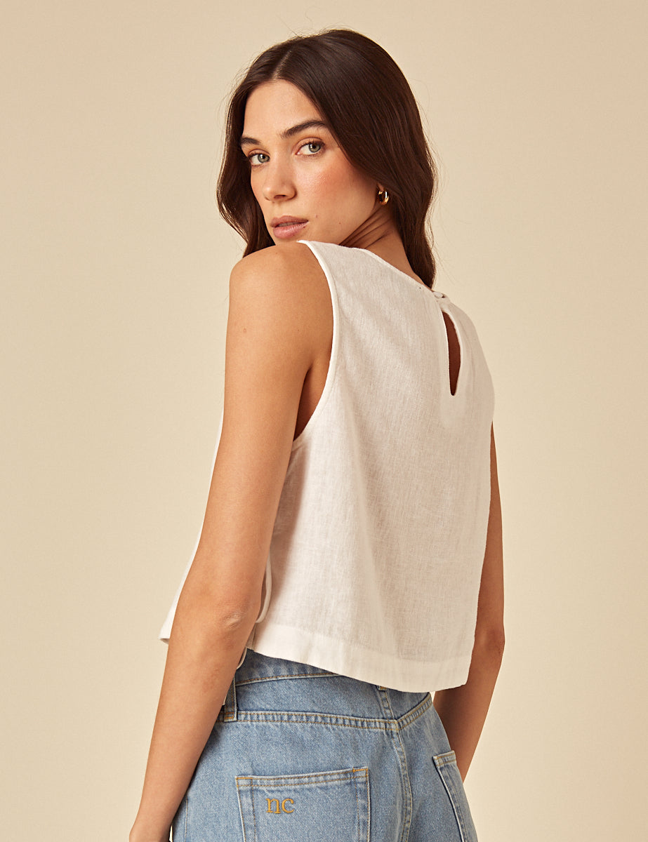 White Linen-Blend Swing Top