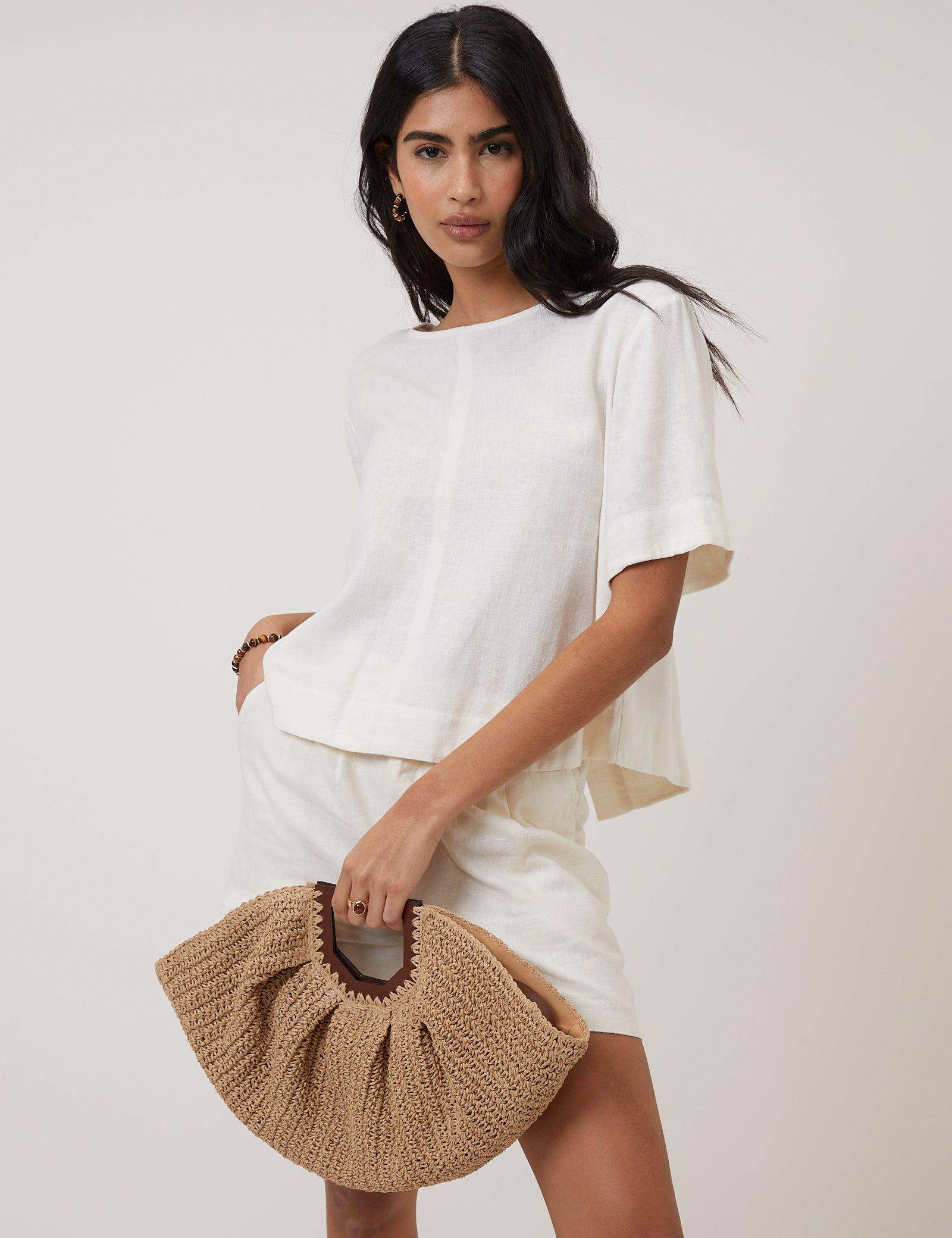 Cream Linen-Blend Short-Sleeve Top