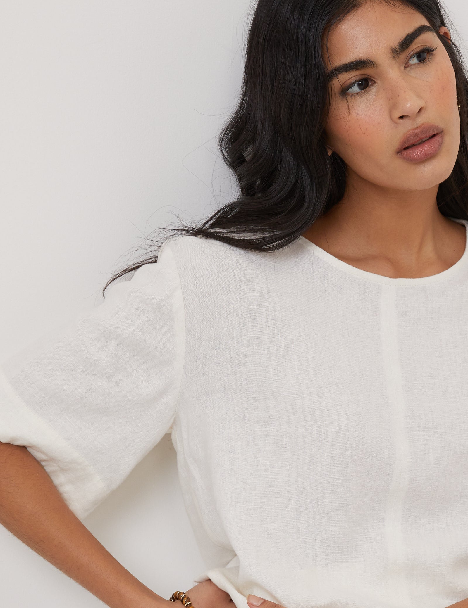 Cream Linen-Blend Short-Sleeve Top