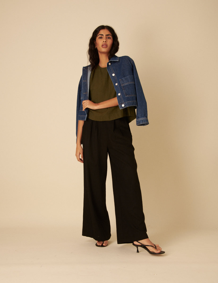 Green Linen-Blend Swing Top
