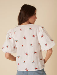 Cream Floral Embroidered Puff Sleeve Top