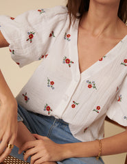 Cream Floral Embroidered Puff Sleeve Top
